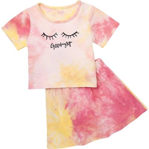 Girls Tie-dye Outfits Summer 2021 Fashion Baby Girls Clothes Sets Short Sleeves Cute Letter Print T-shirt Top Skirt Kids Costume