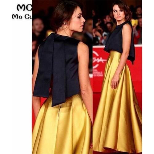 Elegant Yellow Prom Evening Dresses Long Two Pieces Gown Sleeveless Hard Satin Long Evening Gowns