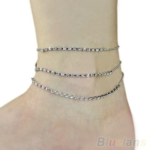 Hot Crystal 3 Rows Rhinestone Anklet Chain Ankle Bracelets Foot Jewelry 1G7I 7GER BDU4
