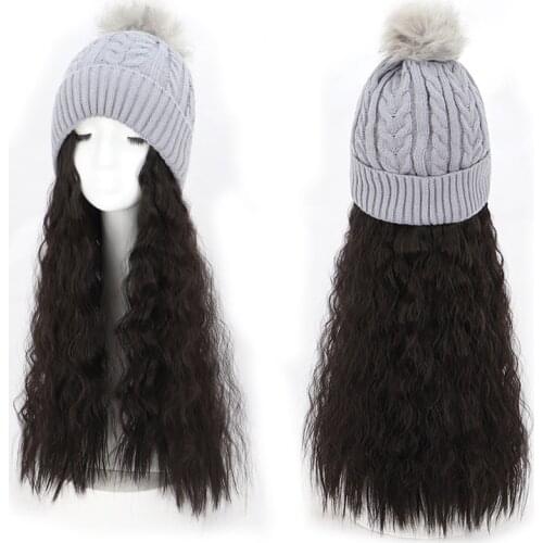 Gres Long Curly Synthetic Hair Wig with Hat Brown Hair with Beanie Hat for Girl High Temperature Fiber Women Knitted Hat Wig