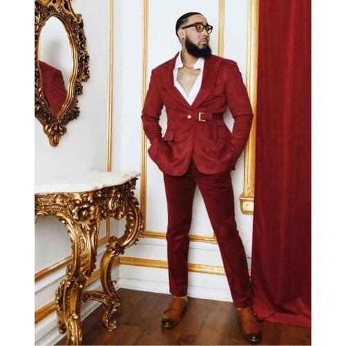 Red Velvet Wedding Tuxedos High Quality Mens 2 Pieces Groom Suits Peaked Lapel Slim Fit Prom Party Blazer Jacket (Jacket+pants)