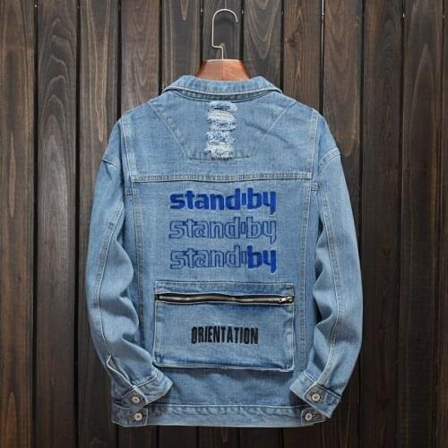 New Mens letters embroidery holes ripped jean jacket Light blue big pocket spliced denim coat Fashion outerwear Mens Jacket 4XL