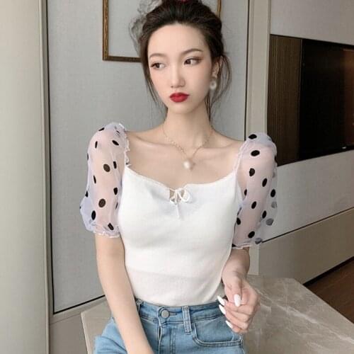 Summer T Shirts For Women Fashion Casual Square Collar Short Sleeve T-shirt Dot Patchwork Puff Sleeve Top