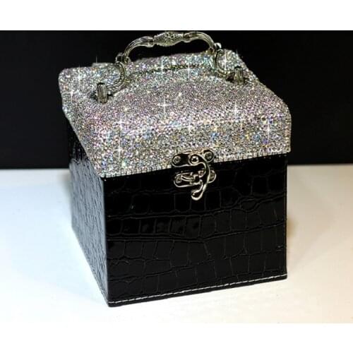 Fashion Crystal Diamond Jewelry Box Luxury Multifunctional Three Layer With Handle Makeup Mirror Storage Case For Women Gifts