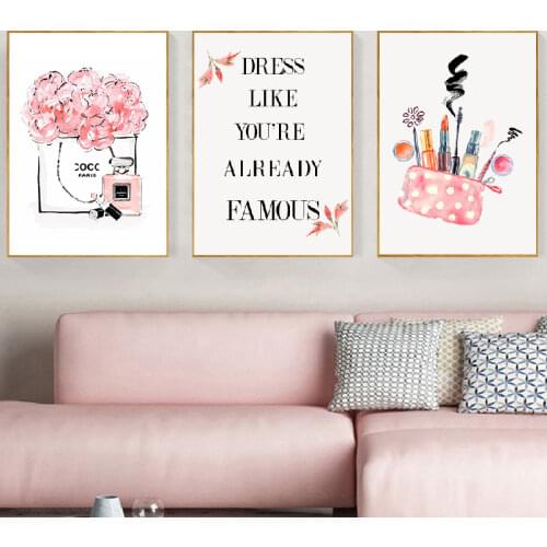 Fashion Pink Pictures Canvas Painting Teen Girls Room Decor , Watercolor Vogue Makeup Room Posters and Prints Gifts for Her