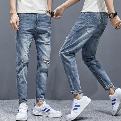 Mens retro simple casual jeans 2021 spring mens high-end fashion brand cotton slim-fit jeans with holes skinny jeans men pants