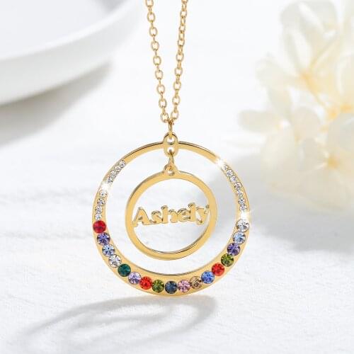 Custom Round Name Necklace With Birthstones Personalized Engraved Name Pendant Necklace Stainless Steel Charm Bohemina Jewelry