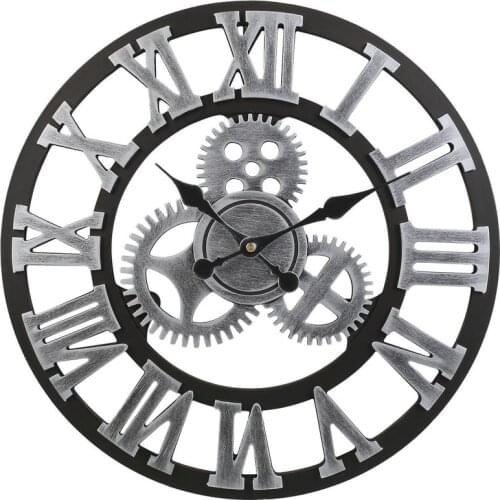 Retro Vintage European Handmade 3D Gear Decorative Wooden Vintage Wall Clock (Silver Color)