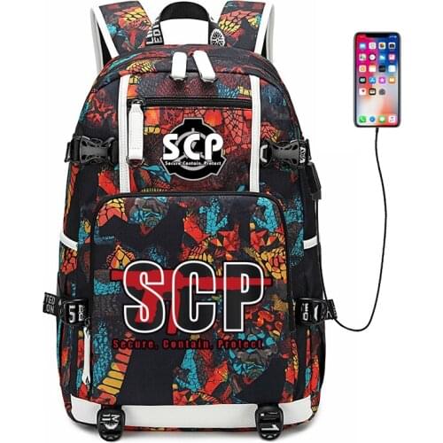 SCP Secure Contain Protect Backpack USB Port Rucksack Bag Snake Pattern Teenager School Bags travel Shoulder Laptop Mochila
