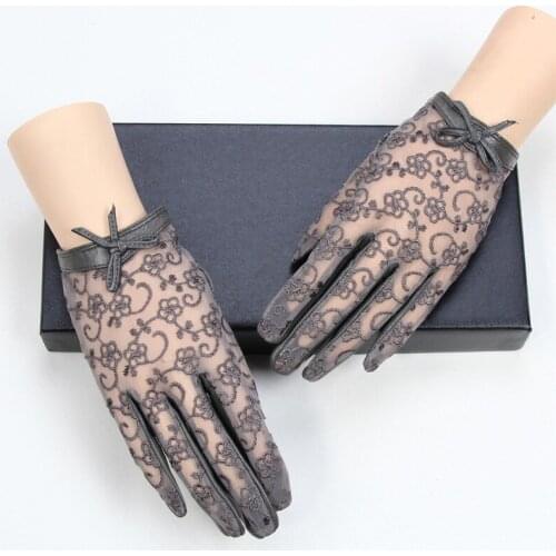 Sexy Fashion womens leather gloves spring and autumn thin sheepskin black lace gloves bow womens gloves