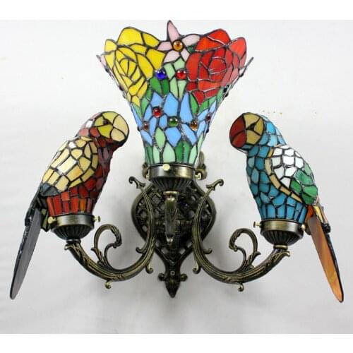 SGROW Indoor Lighting Fixtures Tiffany Parrot Wall Lamp Light Art Sconce Lights for Bedroom Dining Room Stained Glass Lampara
