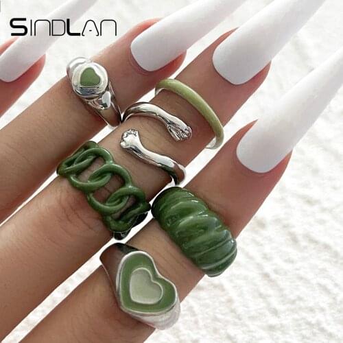 Sindlan 6Pcs Punk Silver Color Snake Rings for Women Kpop Green Heart Stranger Things Couple Aesthetic 2021 Trend Jewelry Anillo