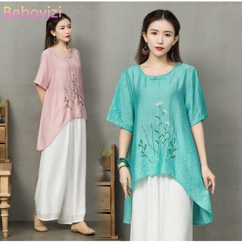Loose Summer Han Fu Embroidery Traditional Chinese Clothing Sets for Tai Chi Uniform Women Summer Hanfu Tang Tops Blouse + Pants