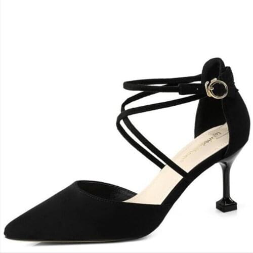 Women pumps Flock Buckle Strap 5CM 7CM Thin Heels High heels Pointed Toe Shallow shoes for women women shoes 2020 size 35-42