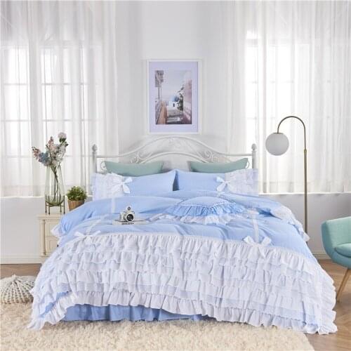 Korean princess lace skirt-style cake layers blue plaid pure cotton bedding set ruffles embroidery pillow sham duvet cover set