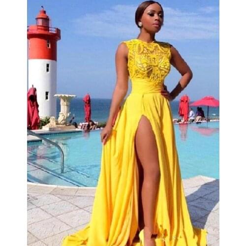 Bright Yellow Prom Dresses Side Split Chiffon Lace Appliques Dubai Evening Gowns 2019 Sheer Sexy Party Gowns