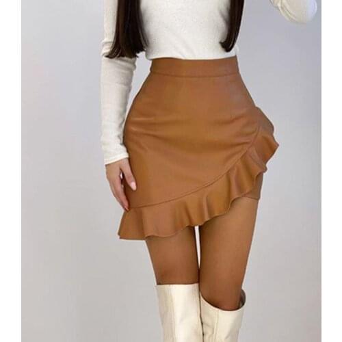 Ruffle High Waist Midi Skirt Sexy Pu Leather Skirts Black Brown Skirts Za Women Spring 2021 Plated Mini Skirts E Girls Clothing