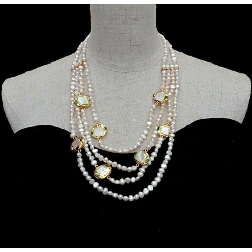 YYGEM 4 Strands natural Cultured Freshwater White Potato Pearl Square Pearl Gold Plated Statement Necklace 21" wedding Luxury