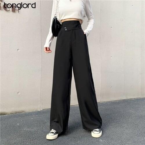 Women Elegant Wide Leg Pants 2021 Spring Summer Elastic High Waist Office Ladies Straight Suits Pants Female Long Trousers New