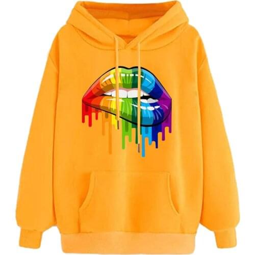 Women Stylish Long Sleeve Lips Print Hoodies New Fashion Loose Hooded Street Wear Autumn Tops For Women Ladies