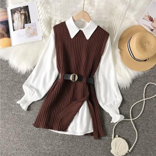 Autumn Winter Sweater Vest Women Korean Style Two Piece Set White Shirt and Knited Vest White Belt Sleeveless Jacket Gilet Femm