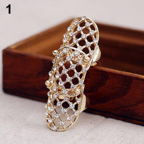 Women Punk Rhinestone Hollow Long Mesh Open Knuckle Half Finger Shield Ring