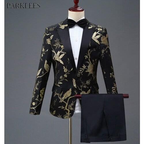 Gold Flower Bird Embroidery Dress Suit Men Slim Fit One Button Mens Suits With Pants Stage Prom Wedding Grooms Costume Homme 4XL