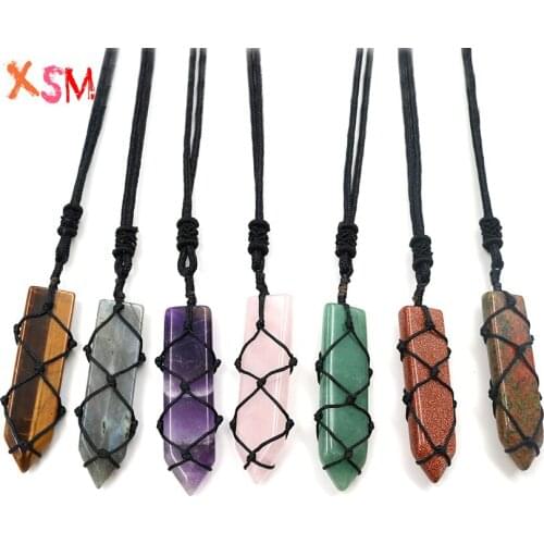 1 Pcs Semi-Precious Stone Pendant Rope Chain Necklaces Natural Crystal Quartzs Sword Shaped DIY Weave Pendant Charms Jewelry