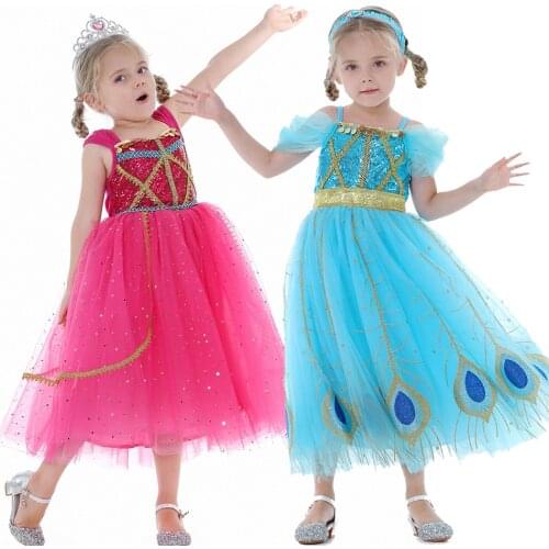 Aladdin Jasmine Dress Princess Dress Outfit for Kids Girls Cosplay Wig Lamp Cosplay Party Halloween Clothing Disney