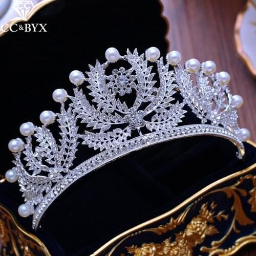 CC Big Tiaras And Crowns Shine CZ Pearl Princess Vintage Engagement Wedding Hair Accessories For Bridal Jewelry Leaf Shape XY079