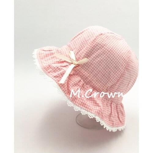 Kids Girls New Check Cotton Fabric Bucket Cap with Tie-bow Decoration and Lace around the brim