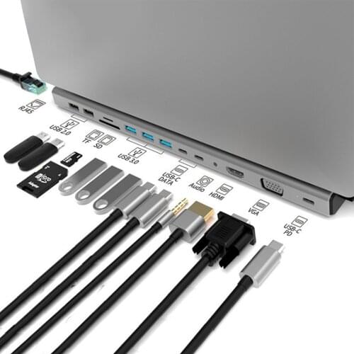 14 in 1 Type C HUB Dock Station USB -C to 1080P HDMI VGA 87W PD 2 USB C RJ45 3 USB 3.0 2 USB 2.0 Audio SD TF Card Reader for Mac