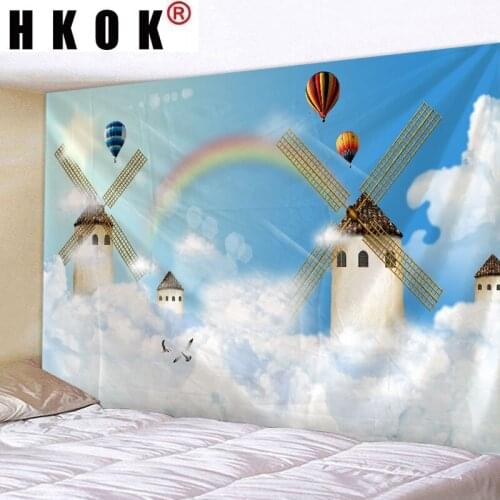 HKOK Windmill Hot Air Balloon Digital Printed Tapestry Wall Hanging Wall Covering Rugs Background Cloth Beach Blanket Home Decor