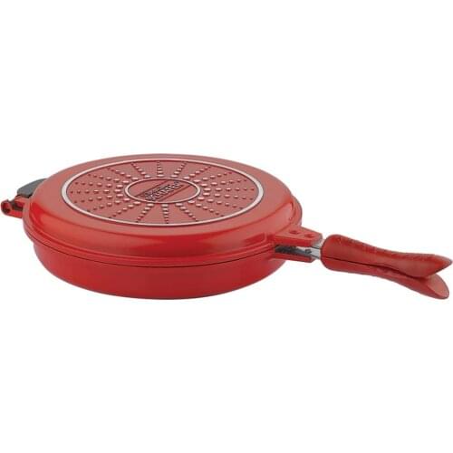 Schafer Round Fireproof Non-Stick Double Grıll Pan - 30 cm Granitte Pan - 2 Pieces - Red