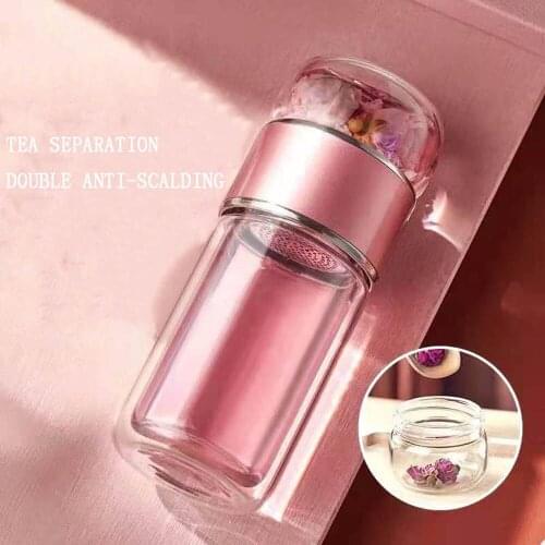 Reusable Portable Double Glass Water Cup Office Heat Resistant Explosion Stainless Steel Filter Tea Lid Milk Rose Flower Tea Mug