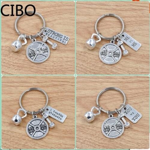 2019 New Strength Sports Barbell Dumbbell Charm Weight Fitness With Words Gym Crossfit Keyring Keychain Gifts For Man