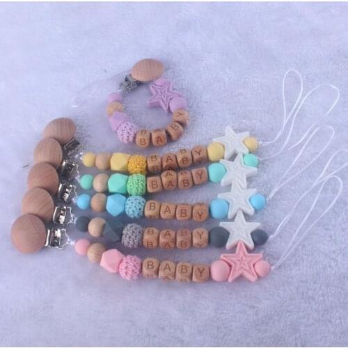 2020 New Baby Nipple Chain/Clip Toys Baby Pacifier Beech Wooden Letter Five-pointed Star Beads Silicone Pacifier Chain