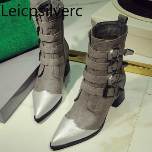 Autumn And Winter The New fashion Pointed zipper Color matching Thick heel mid heel Short tube Womens Boots plus size 32-48