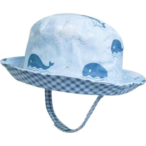 Boy Bucket Hat Summer Sun Hat Beach Panama Blue Reversible Whale Cotton Holiday Outdoor Accessory For Baby