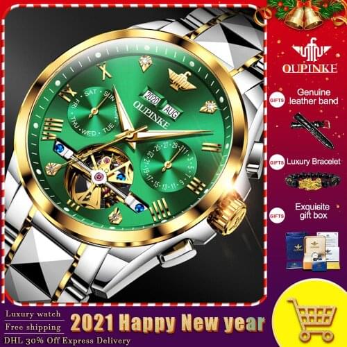 OUPINKE Luxury Brand Automatic Mechanical Men Watch Waterproof Skeleton Watch Tourbillon Design Mechanical Male Wristwatch