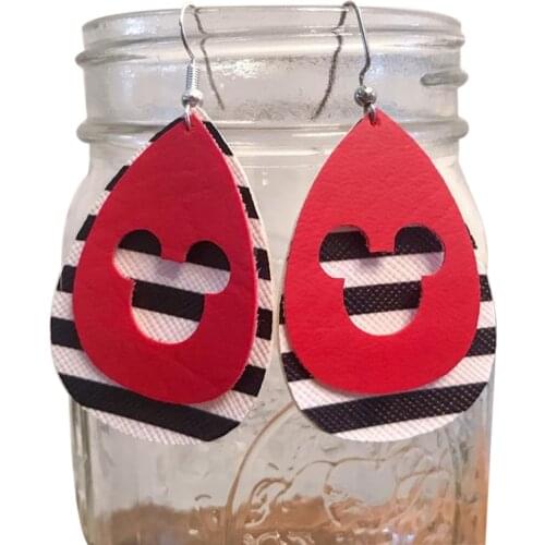 New Two Layer Mouse Hollow Buffalo Plaid PU Leather Earrings Glitter Striped Free Hooks Earwires Teardrop Earrings Stock