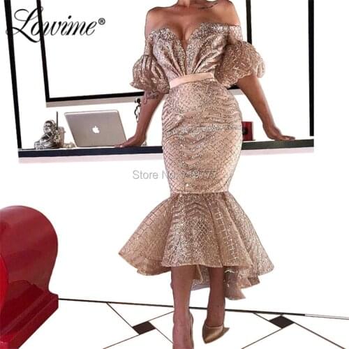 Tea Length Evening Dresses Shiny Fabric Off The Shoulder Arabic Party Dress For Weddings 2019 Mermaid Saudi Arabia Formal Dress