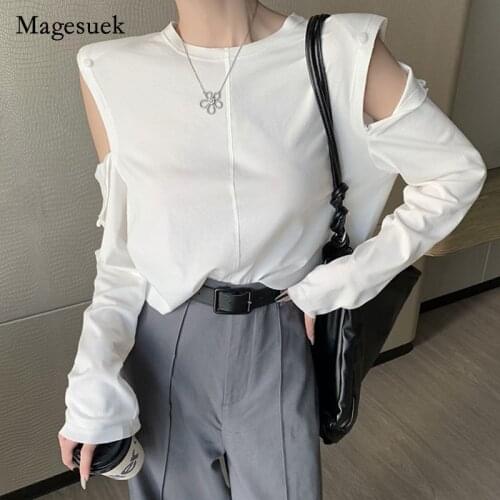 Casual Autumn 2021 Cotton T-shirt Solid O-neck Long Sleeve Off Shoulder Tops for Women Pink White T-shirt Female Clothing 16097