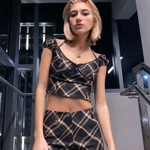 Retro deep V-neck short slim short-sleeved T-shirt womens pleated skirt plaid suit two piece set women conjuntos de mujer Y2K