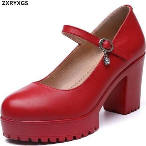 2021 Top Cowhide Platform High Heels Non-slip Thick Heel Large Size Women Leather Shoes High-end Fashion Shoes Black White Red