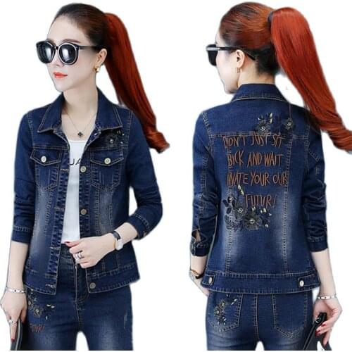 Women Denim Set 2021 New Ladies Autumn Cowboy Pants 2 Piece Set Lady Embroidery Cowboy Top+High Jeans 2PCS Lady Two Piece Set B