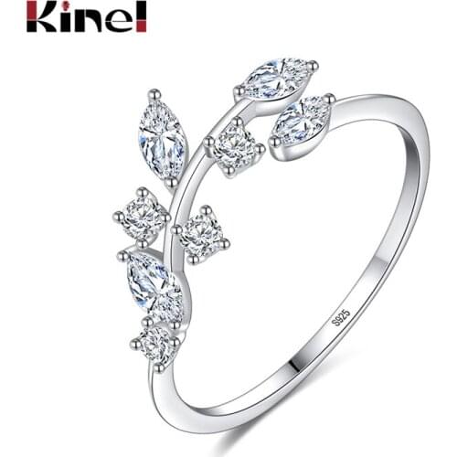 Kinel Korean 925 Sterling Silver Handmade Olive Leaf Rings for Women Exquisite CZ Stone Adjustable Open Ring Silver 925 Jewelry