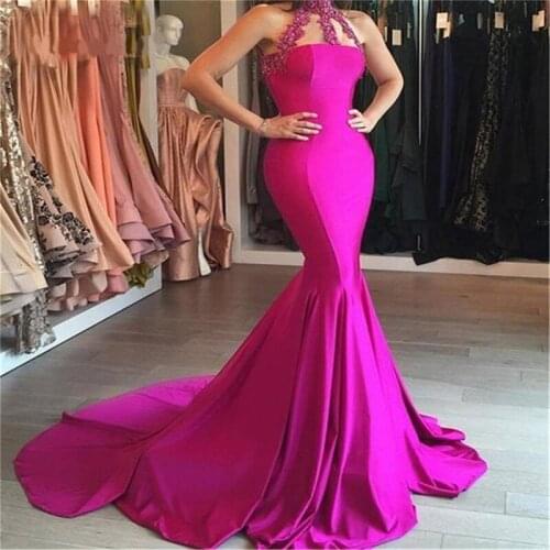 Fuchsia Mermaid Long Evening Dress High Neck Sweep Train Satin Formal Occasion Women Dresses 2019 New Arrival
