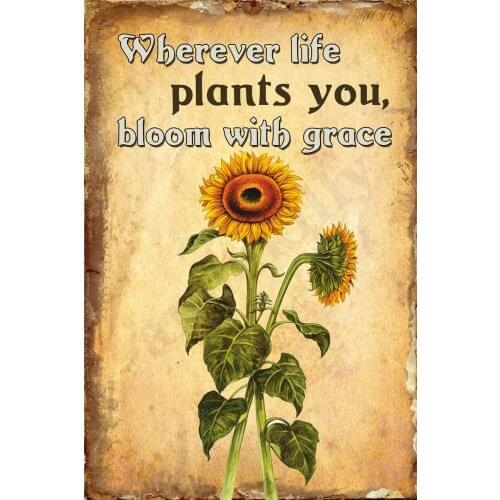 Sunflower Signs Wherever Life Plants You,Bloom With Grace Sunflowers Retro Vintage Metal Tin Sign Home Kitchen Bedroom Hotel