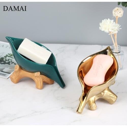 Golden Ceramic Soap Dish Holder Creativity Leaves Decorative Soaps Dish Household Restroom Storage Shelf Bathroom Decoration